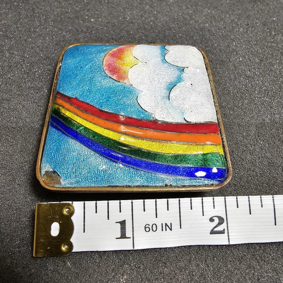 Vintage Brass Squared Hand Painted Rainbow With Clouds Enameled Belt Buckle - Picture 10 of 11